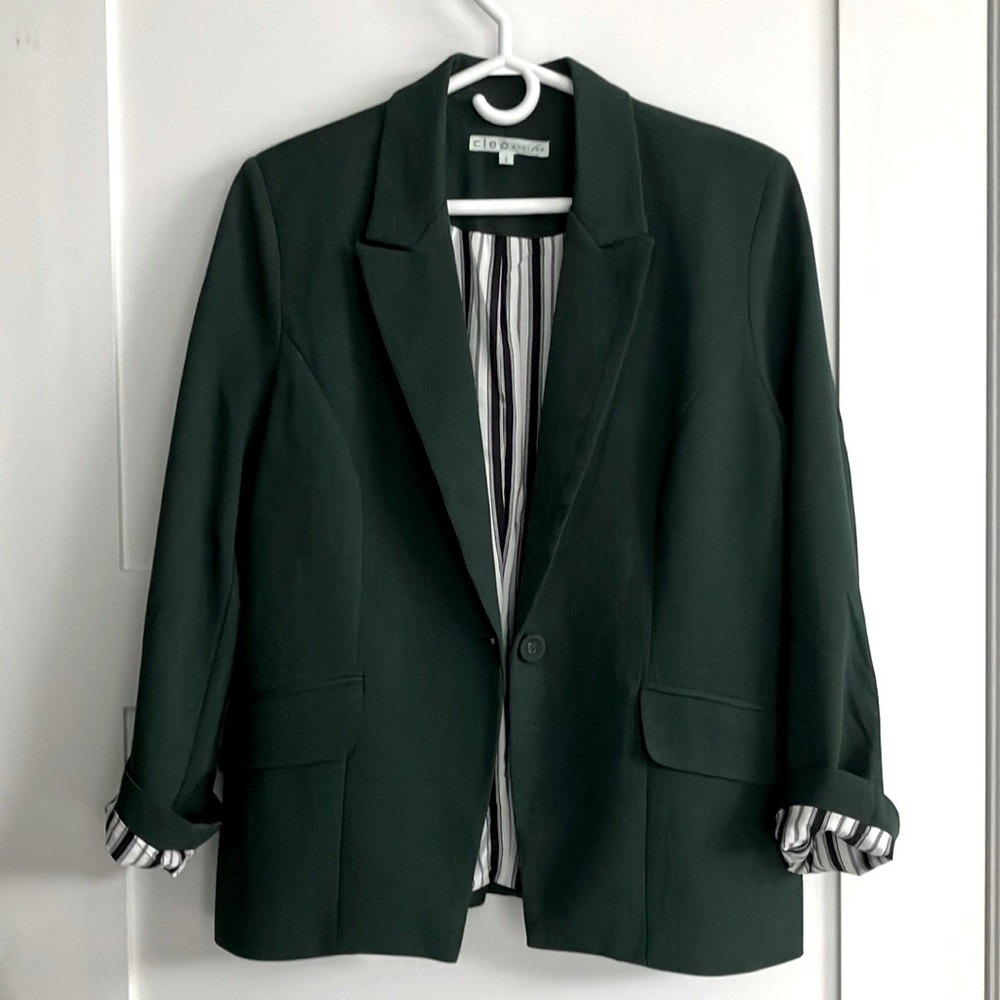 cleo Forest Green Single-Button Blazer with Striped Lining